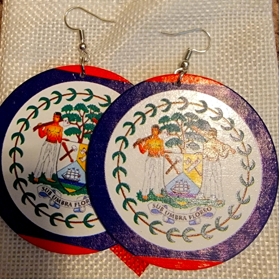A Pair Of Belize Custom Wood Earrings Blue Red And White With Green